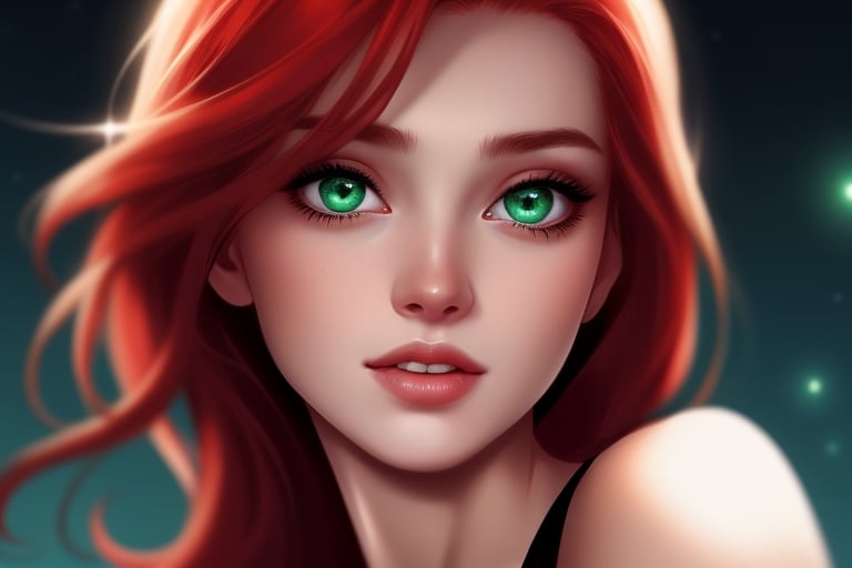 The most stunningly beautiful realistic upper body front facing photo of a incredibly sexy redhead female, sparkling detailed green eyes, suductivly starring at veiwer, thin lips, upper teeth showing,prefect teeth, girl next door look, hyper detailed face and eyes, ,photo of perfecteyes eyes