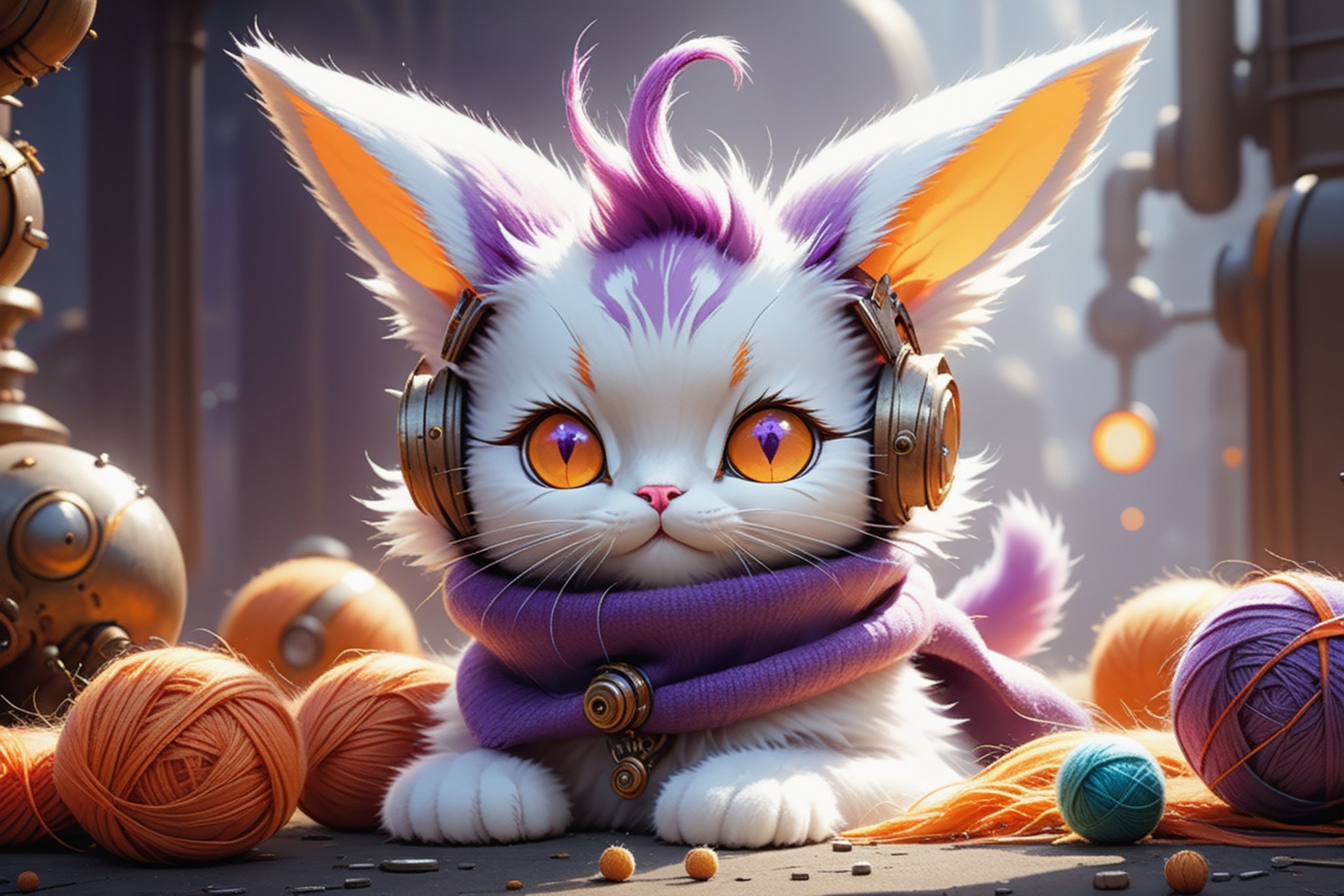 1purple cat with long orange rabbit ears, supper cute, white highly detailed eyes, prepairing to attack a pile of balls of different coloured yarn,looking at veiwer,steampunk style,cyberpunk style,Xxmix_Catecat