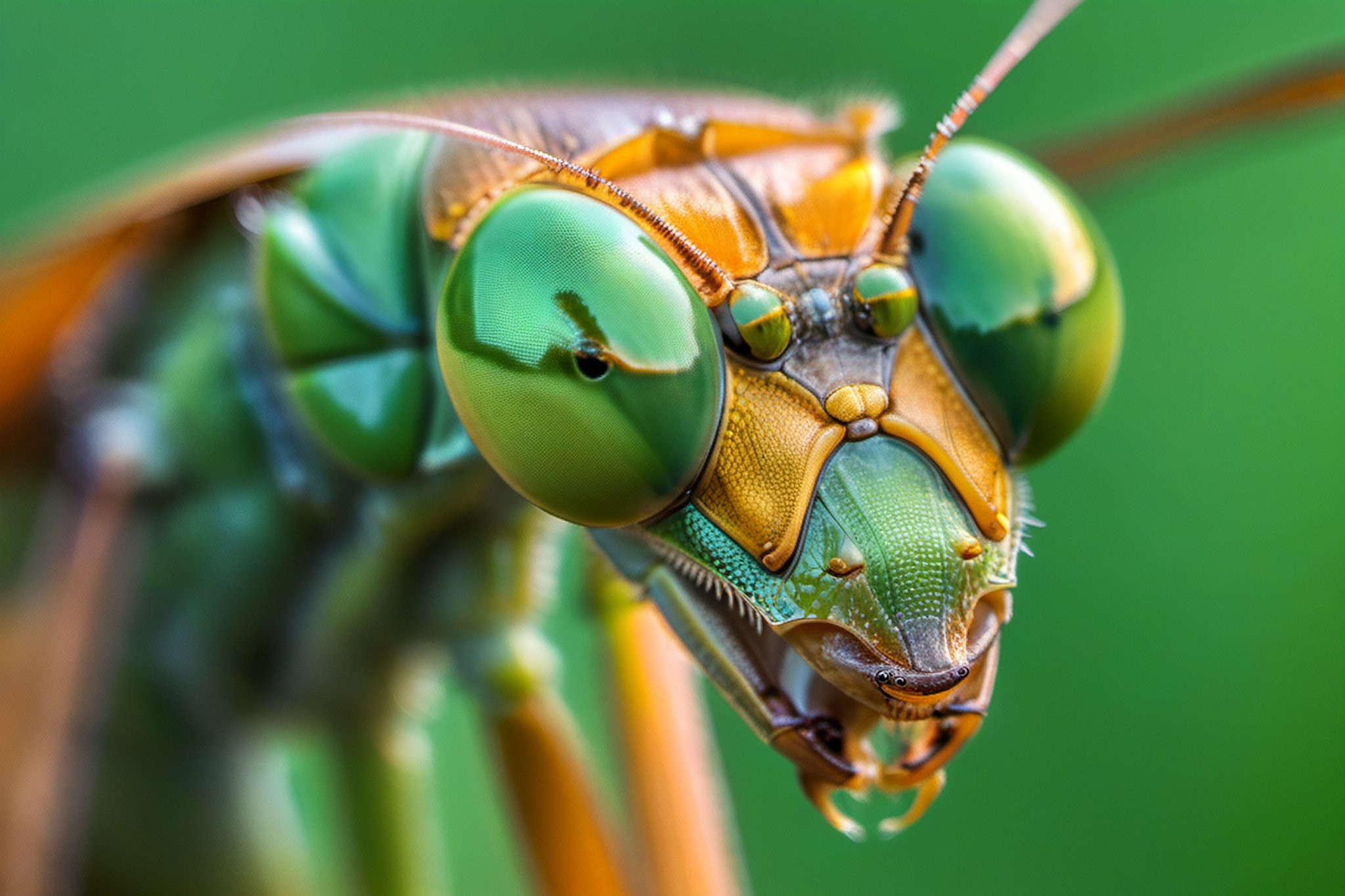 Macro Photography, a praying mantis head, highly detailed eyes, reflective eyes,close-up, macro 400mm, macro photography,steampunk style