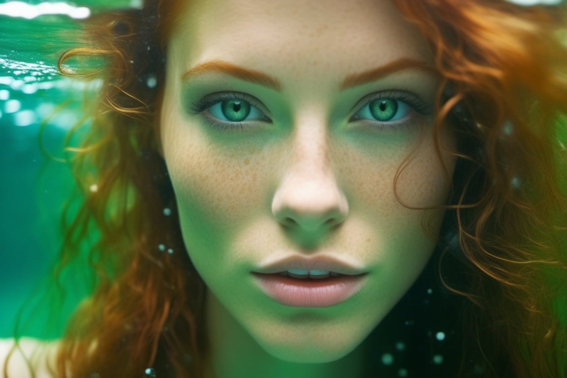 The most stunningly beautiful realistic upper body photo of a incredibly sexy redhead female, sparkling detailed green eyes, suductivly starring at veiwer, thin lips, upper teeth showing,prefect teeth, girl next door look, hyper detailed face and eyes, ,photo of perfecteyes eyes,photo r3al,underwater,girl