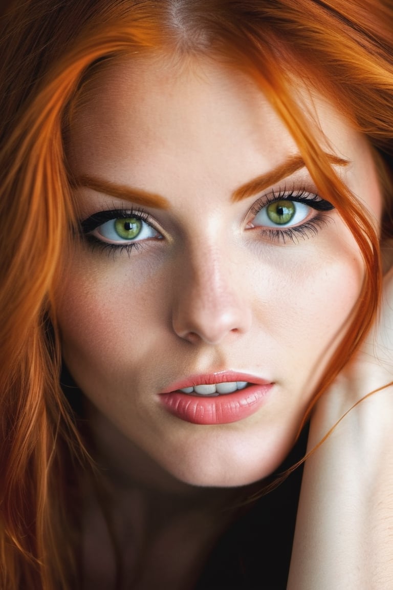 (full body shot:1.2)The most stunningly beautiful realistic photo of a incredibly sexy redhead female, sparkling detailed green eyes, suductivly starring at veiwer, thin lips, upper teeth showing,prefect teeth, girl next door look, hyper detailed face and eyes, ,photo of perfecteyes eyes,photo r3al