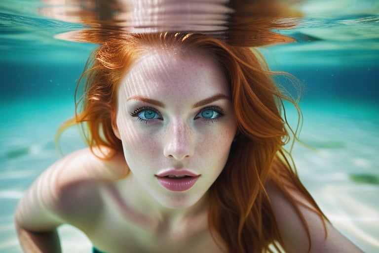 The most stunningly beautiful realistic upper body front facing photo of a incredibly sexy redhead female, sparkling detailed green eyes, suductivly starring at veiwer, thin lips, upper teeth showing,prefect teeth, girl next door look, hyper detailed face and eyes, ,photo of perfecteyes eyes,photo r3al,underwater,girl