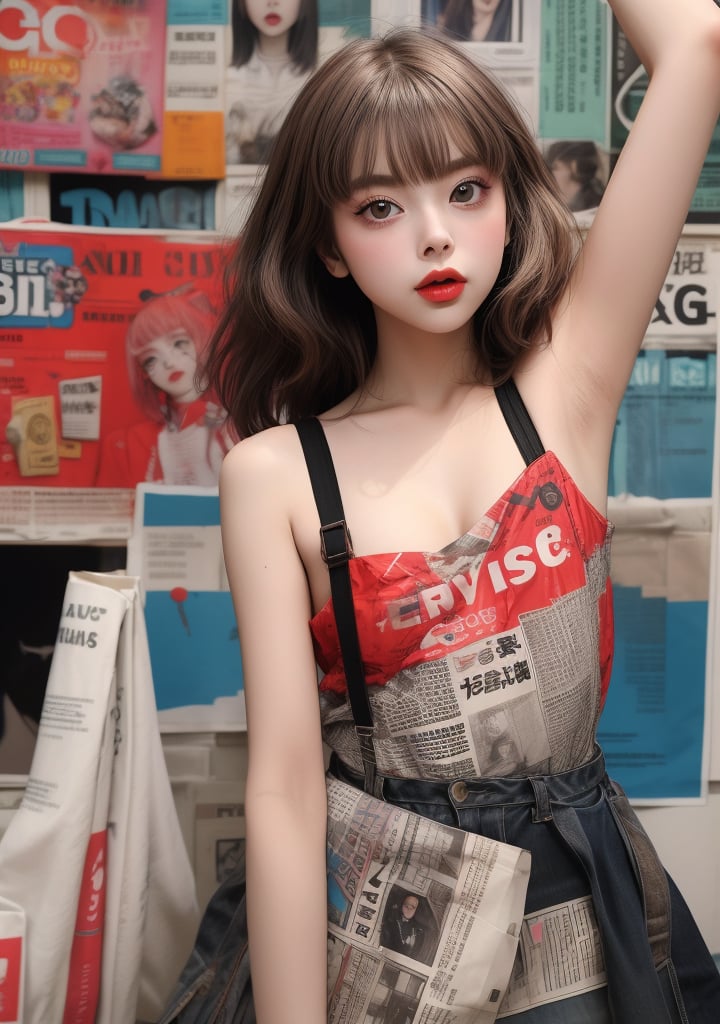 Kyary Pamyu Pamyu's edgy style merges with Angel Olsen's sultry vibes. Bold red lips gleam beneath a dramatic gaze, as they stride purposefully. bold pose, set against a backdrop of kawaii pop art,newspaper wall