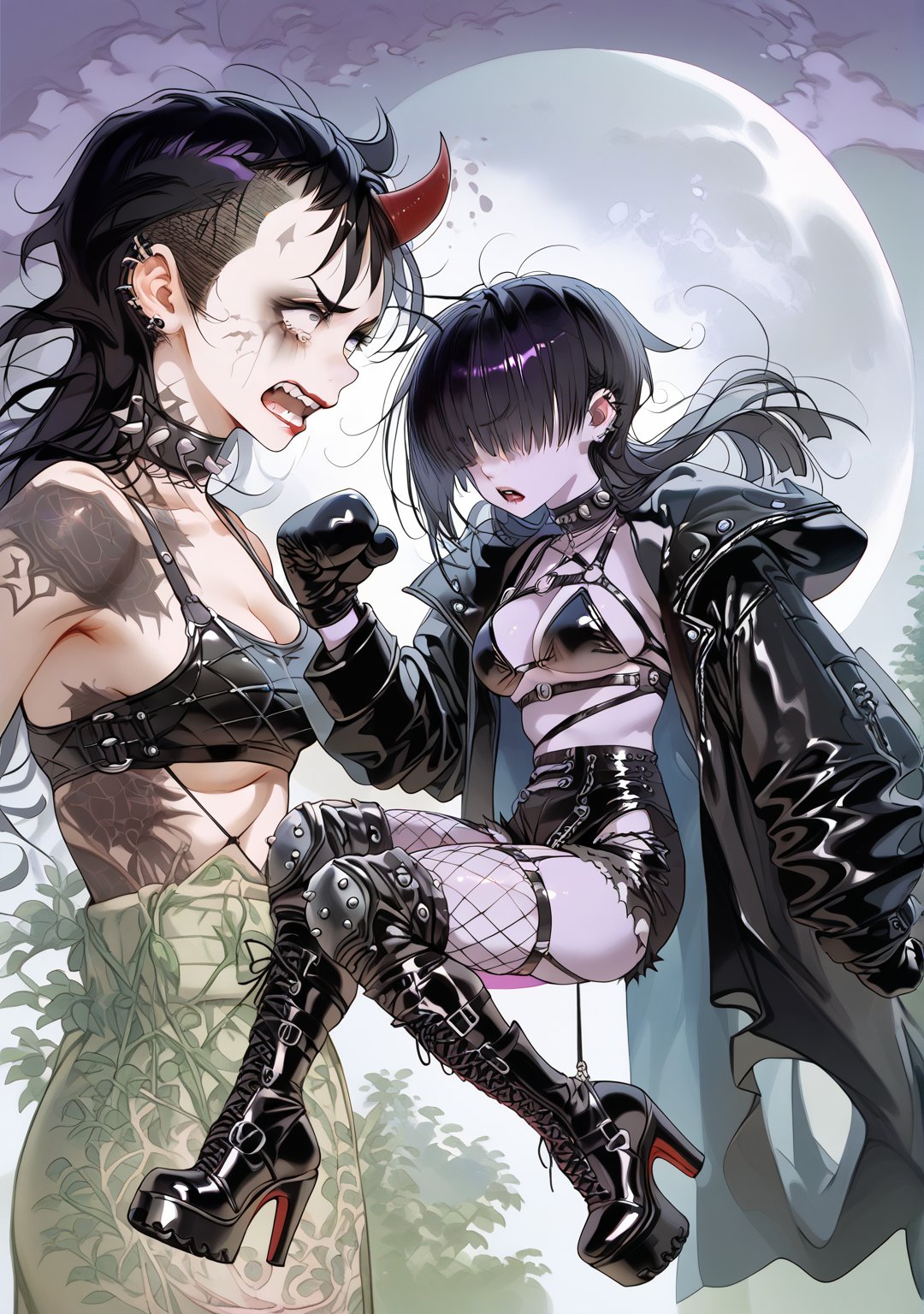 (Pastelcolors:1.3)、score_9, score_8_up, score_7_up, source_anime , medium_breasts, punk rock theme, moon, 1_girl, purple skin, extra long straight black hair over eyes, full body, red lipstick, gothic platform boots, knee pads with large spikes,  bdsm harness, (((black boxing gloves))), black trench coat, micro_bikini, thong_panties, ripped shorts, torn fishnets, garter belt, scared pose, close up shot from side, tarot card themed background,Hand,Perfect,Detailed,good_hands,4nd43rz,RAR,sagawa