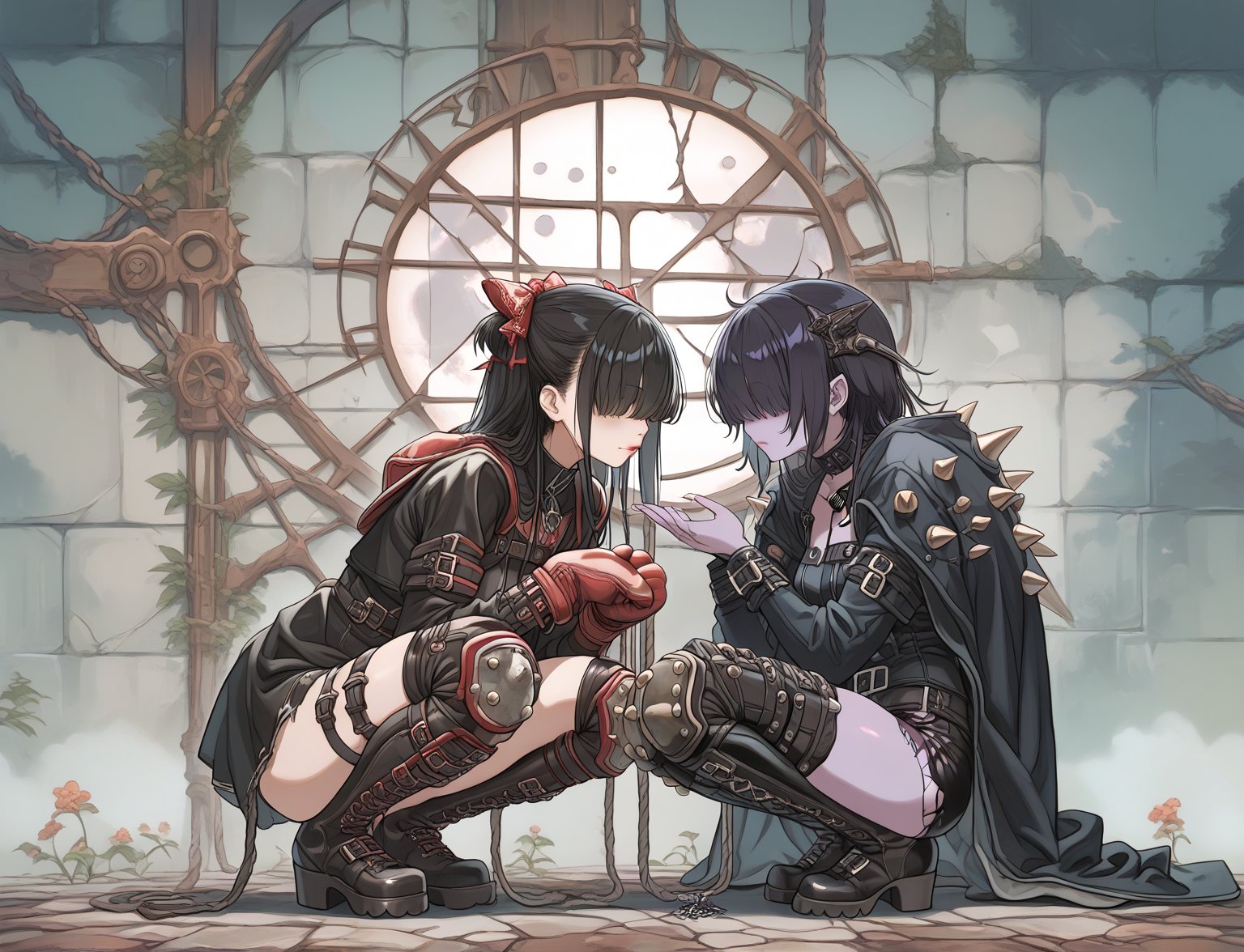 (Pastelcolors:1.3)、score_9, score_8_up, score_7_up, source_anime , medium_breasts, steampunk theme, moon, 2_girls, purple skin, extra long straight black hair over eyes, full body, red lipstick, gothic platform boots, knee pads with large spikes,  bdsm harness, red boxing gloves, black trench coat, micro_bikini, thong_panties, ripped shorts, torn fishnets, garter belt, squatting pose, close up shot from side, tarot card themed background,Hand,Perfect,Detailed,good_hands,4nd43rz