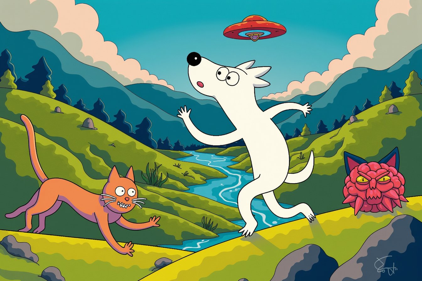 a ghost dog, running for a cat, a valley with a river in the background, and an UFO, 