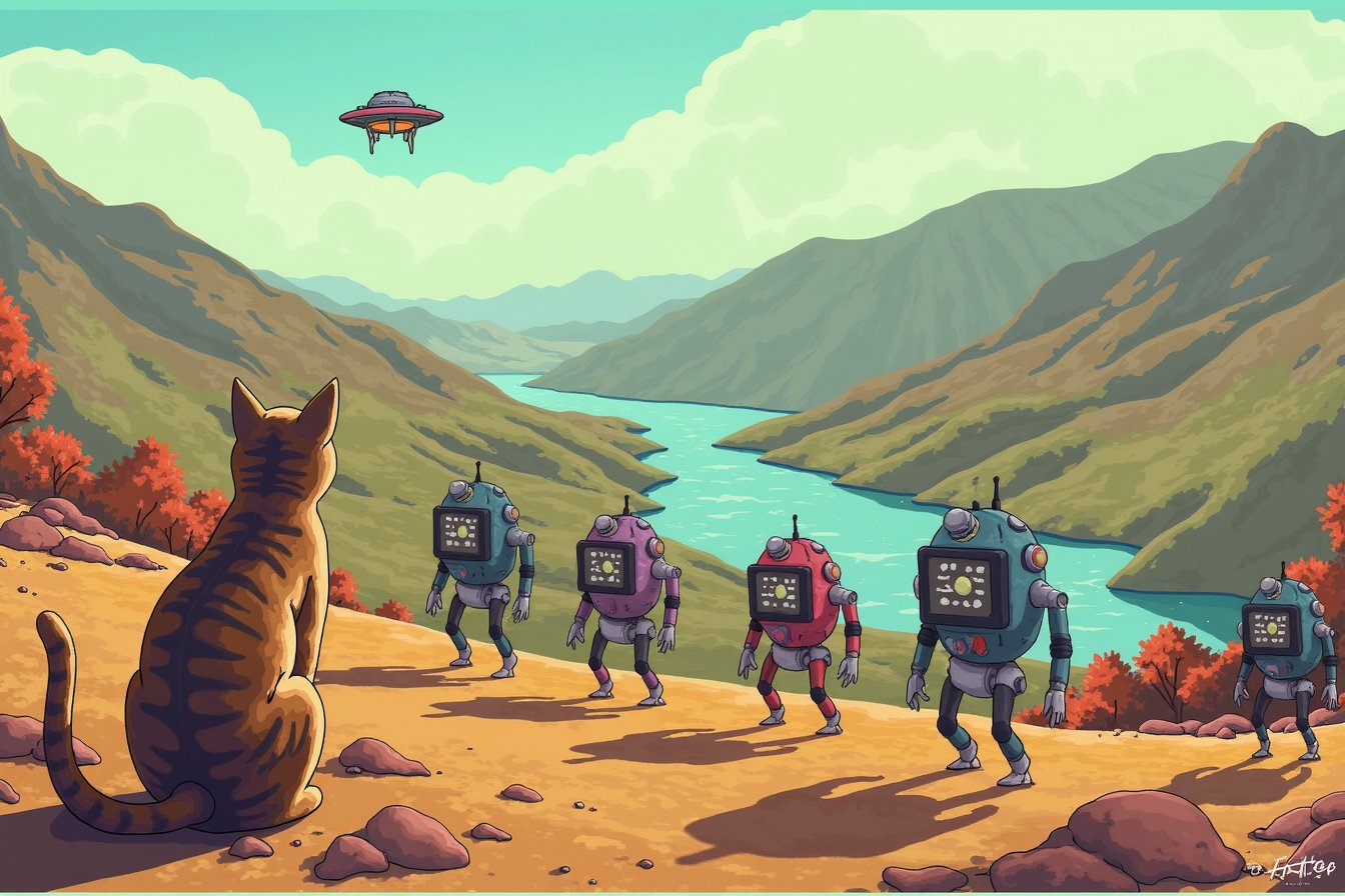 six robots running in a robot racing competition, a seated cat watching them in foreground, a valley with a river in the background, a tiny UFO far away in the sky, 