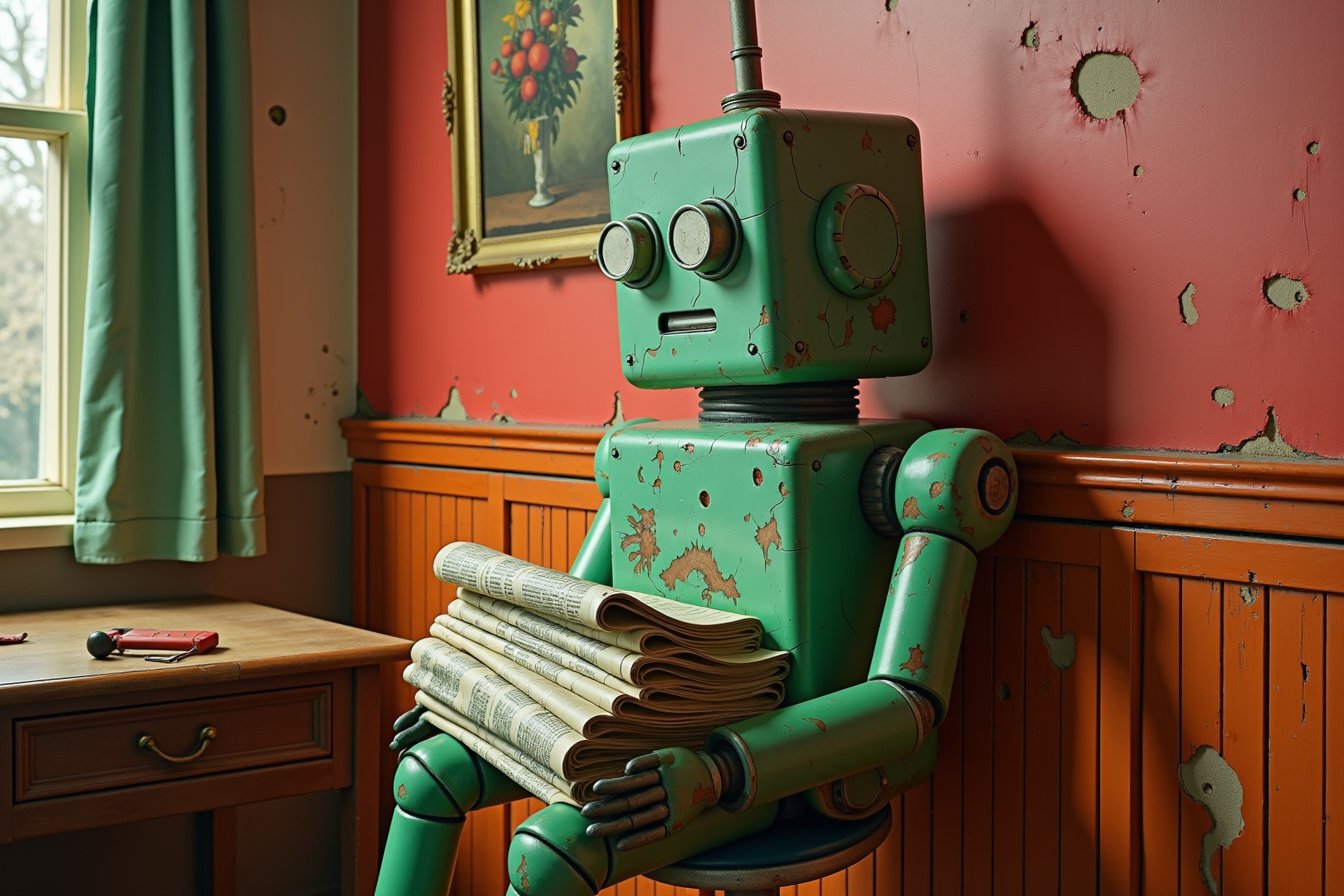 realistic photograph of a square-headed robot, sitting on a stool next to a wall, the green robot's body and head is old and worn and with rusty cracks and scratches, the robot looks to the side with a bored expression, the robot holds a bale of old newspapers in its hands, the wall decorated with old and worn red striped wallpaper, a still life painting hanging on the wall. 1950's style photograph. highly detailed.