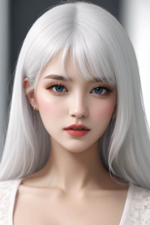 A stunningly beautiful woman with a delicate, porcelain face and cascading white hair