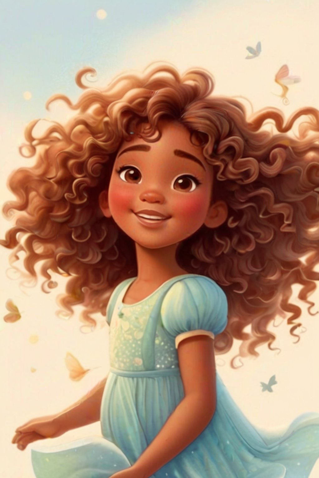 full body, whole body, CHUBBY, Vintage watercolor , beautiful woman with brown curly long hair, dark tan skin tone,  happy face, head up, closed eyes , wind in hair, arms raised, a simple minimal art with soft colors, using Boho style, tale of fairy, realistic and detailed hair, not laminated, Disney movie m close-up of a cartoon character, cute detailed digital art, digital painting, girl portrait, high quality 8k detailed art, loish and wlop, winx cartoon style , cartoon digital painting art, cute digital art, detailed digital painting,
