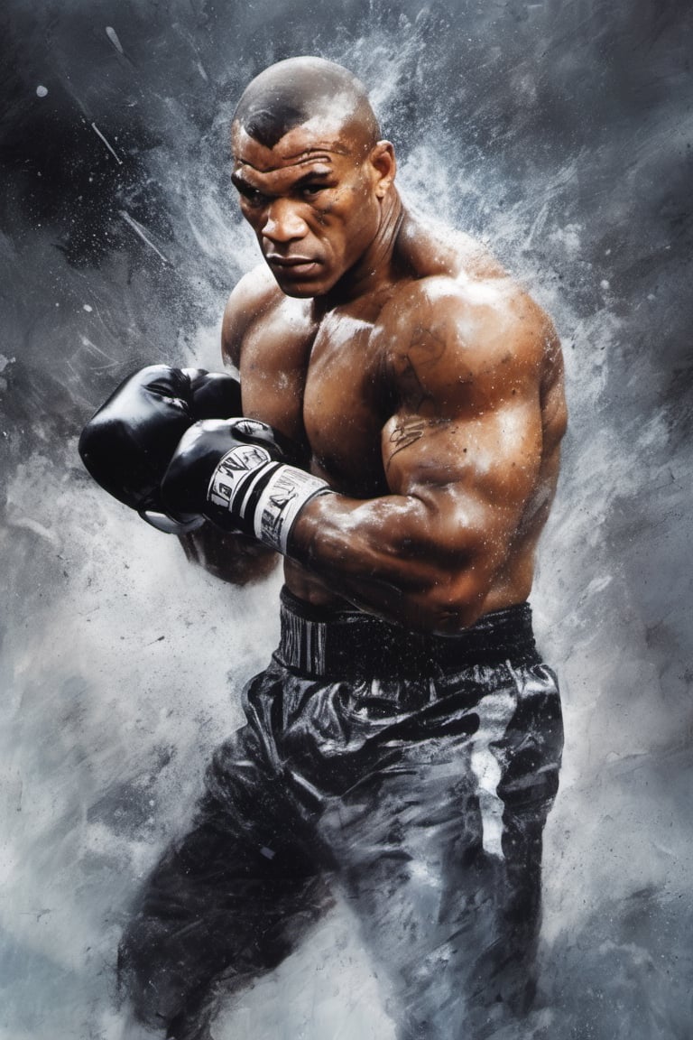 painted as a watercolour painting, mike tyson image,  drenched in the rain, silver to black hair, lean muscles, full body, fighting pose, background is stormy weather with lightning, contrasting colours, perfection, suave, Layered washes of different hues and densities, deadly, artistic, fiery eyes glowing, meditating, magical powers, fantasy, lightning fists, fearsome kicks, powerful, fierce, black to white aura emanating from his fists