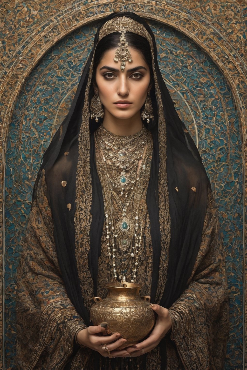 Generate hyper realistic image of a Persian woman adorned with eerie accessories, carrying a vessel that captures the essence of souls, symbolizing her role as a collector of the departed in a grim and supernatural world.