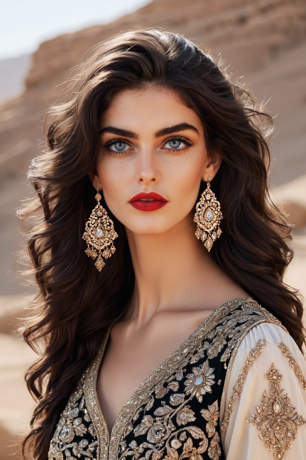 (masterpiece), young 18 yo Persian beauty, 
cute face, young face, pretty face, sexy look,
sexy makeup, blue eyes, red lips,
(black hair color), ( hairstyle), (dynamic pose:1.6),
(daxxling jewelery), (intricate earrings), (intricate ear necklase), 
white skin, smirk,
sharp jawline,
(sexy attire),
messy hair, 
(head to hips view:1.4)
Persian color palette , Persian art, Persian girl, Persian, Iranian, Iran, sexy