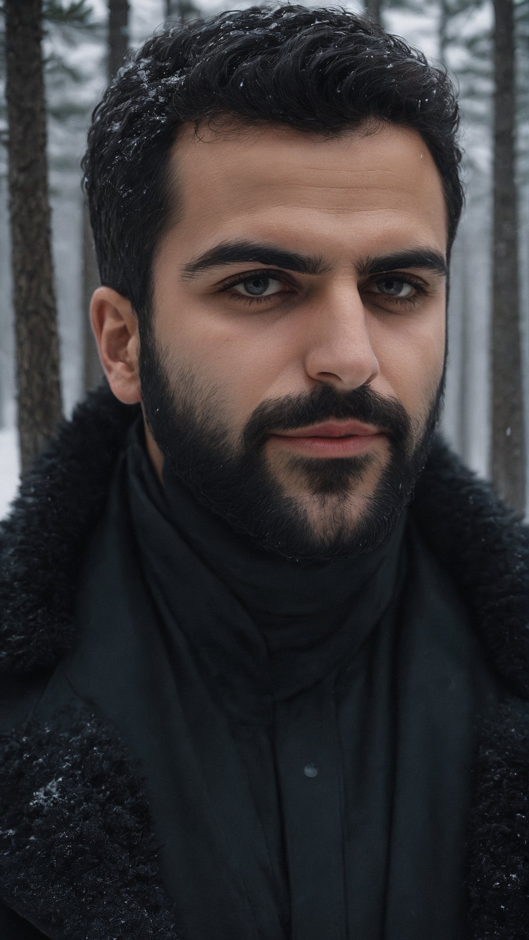 (fantasy style, portrait of shy 35 years old Persian man Iranian man, close up, extremely beautiful, pretty black eyes, wearing black winter coat), cold atmosphere, winter themed, pine trees, dark storm clouds, (masterpiece, Intricate, epic detailes, Sharp focus, dramatic)