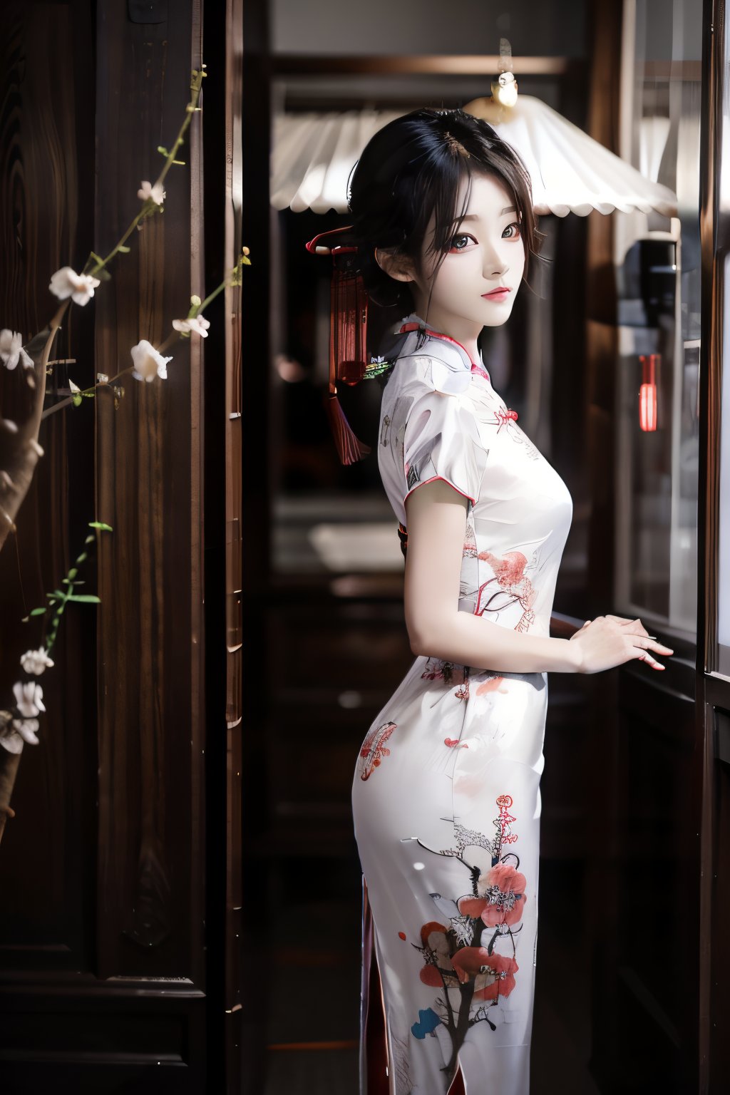 HD camera quality, masterpiece, ultra high res, chinese lady in qipao in chinese Shan shui traditional chinese painting,QIPAO. Model looking towards camera,QIPAO,wgz_style