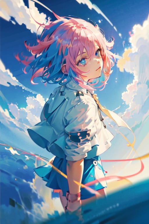 masterpiece, best quality, movie still, 1girl, floating in the sky, cloud girl, cloud, (close-up:1.1), bright, happy, fun, soft lighting, (Bauhaus, shapes, lines, abstract:1.1),anya ,cute girl, pink_hair, child, short_hair ,SHIRT