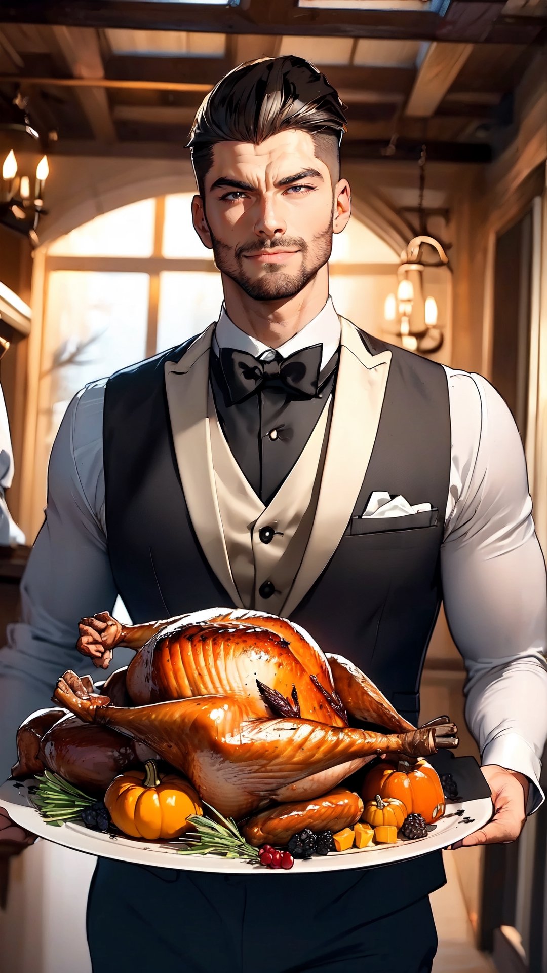 butler carries a plate of Thanksgiving turkey