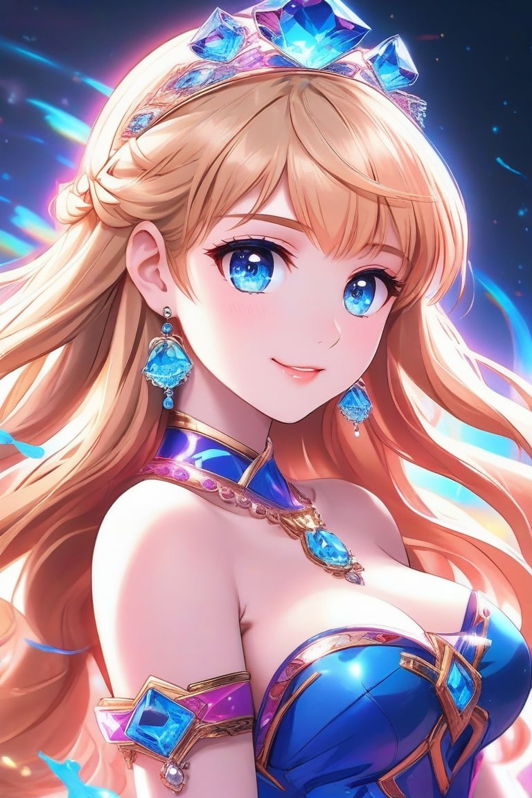 A stunning anime-style image of a solo, very beautiful girl with a himecut hairstyle, long blonde wavy hair, and bangs. She is dressed as a princess in a cute outfit, adorned with ornaments and jewelry, including earrings. Her blue eyes look directly at the viewer, with blush on her cheeks and parted lips. The image is of excellent quality, featuring light particles and water drops, with her eyelashes emphasized. The background is blurry, enhancing the masterpiece effect. 
(masterpiece, best quality:1.3), FuturEvoLabAnime, FuturEvoLabCyberpunk, 