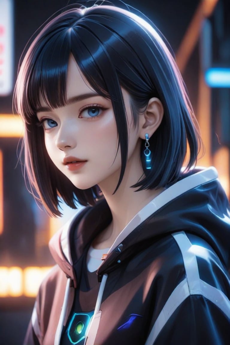 (masterpiece, best quality:1.3), FuturEvoLabAnime, 1girl, solo, looking at viewer, short hair, bangs, blue eyes, black hair, jewelry, jacket, upper body, earrings, outdoors, parted lips, hood, blurry, from side, black jacket, looking to the side, hoodie, night, depth of field, blurry background, bob cut, hood down, neon lights, 