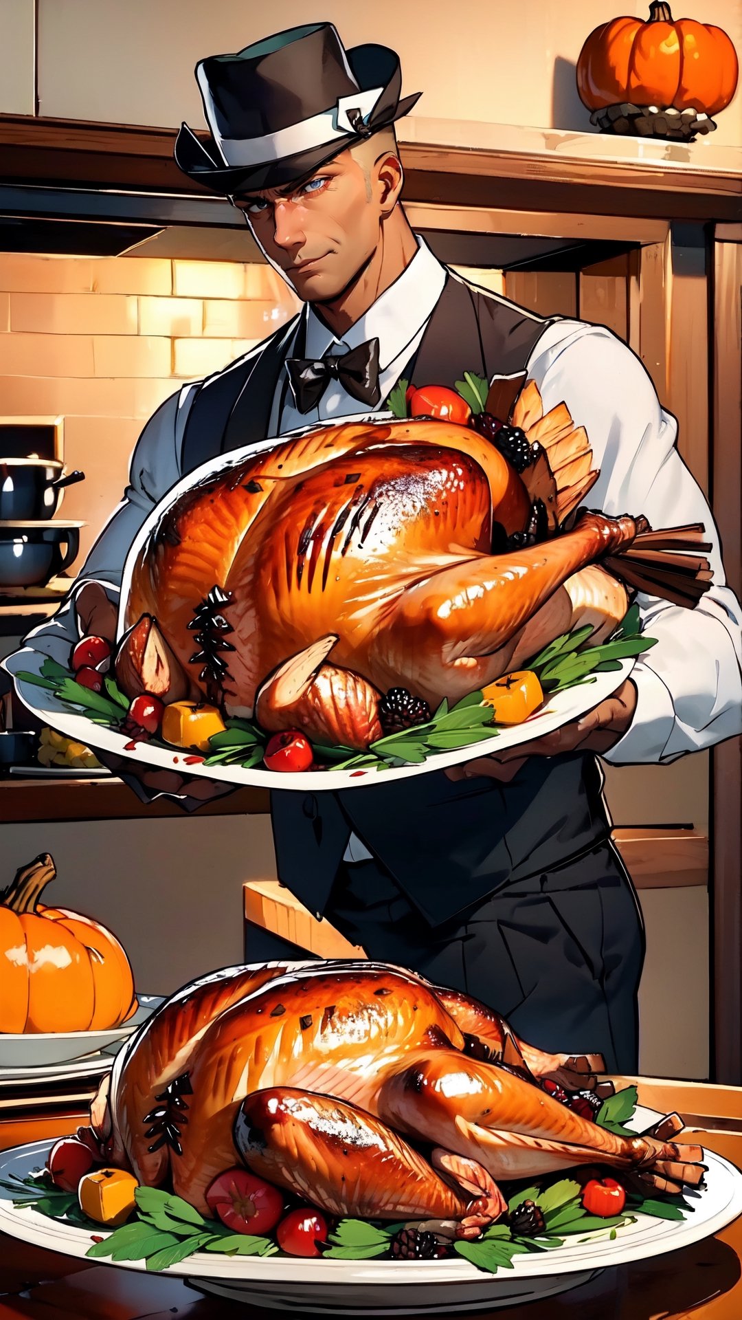 butler carries a plate of Thanksgiving turkey