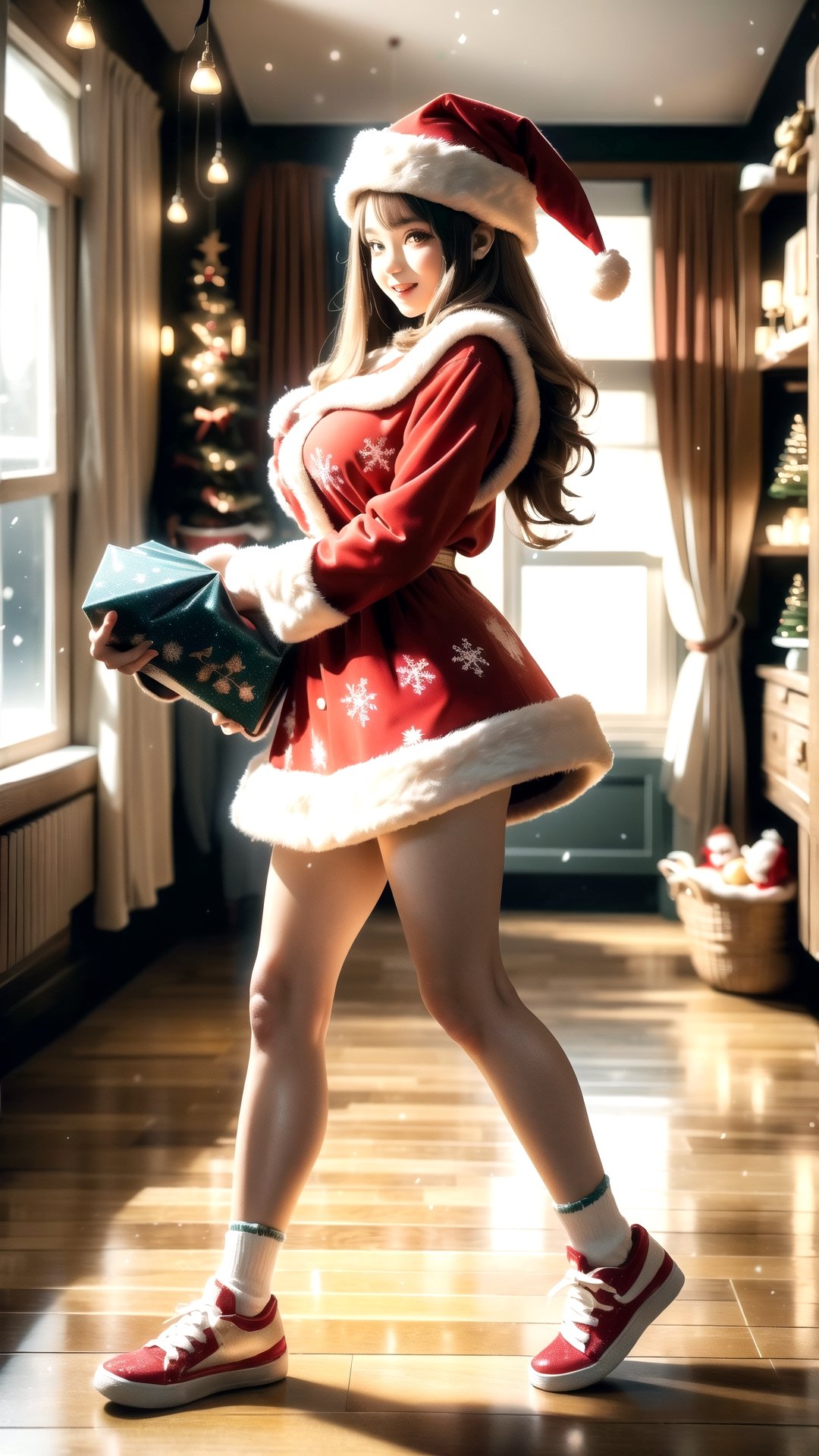 (BEST QUALITY:1.4), (HIGHRES:1.4), HIGH_RESOLUTION, MASTERPIECE, SIDELIGHTING, CINEMATIC LIGHTING, DETAILED LIGHTING, VOLUMETRIC LIGHTING, SUPER DETAIL, HYPER DETAIL, INTRICATE_DETAILS, LIGNE_CLAIRE, PERPECT FACE,

niji, christmas_hat, christmas_clothes, santa_costume, big_breasts, white_hair, long_hair, very_long_hair, red_mini_skirt, tennis_shoes, christmas theme, bokeh, red_eyes, happy_face, falling_snow, gift_box, isometric, Colorful,anime,masterpiece,Snowflake,Christmas Room,CHRISTMAS,Santa Claus