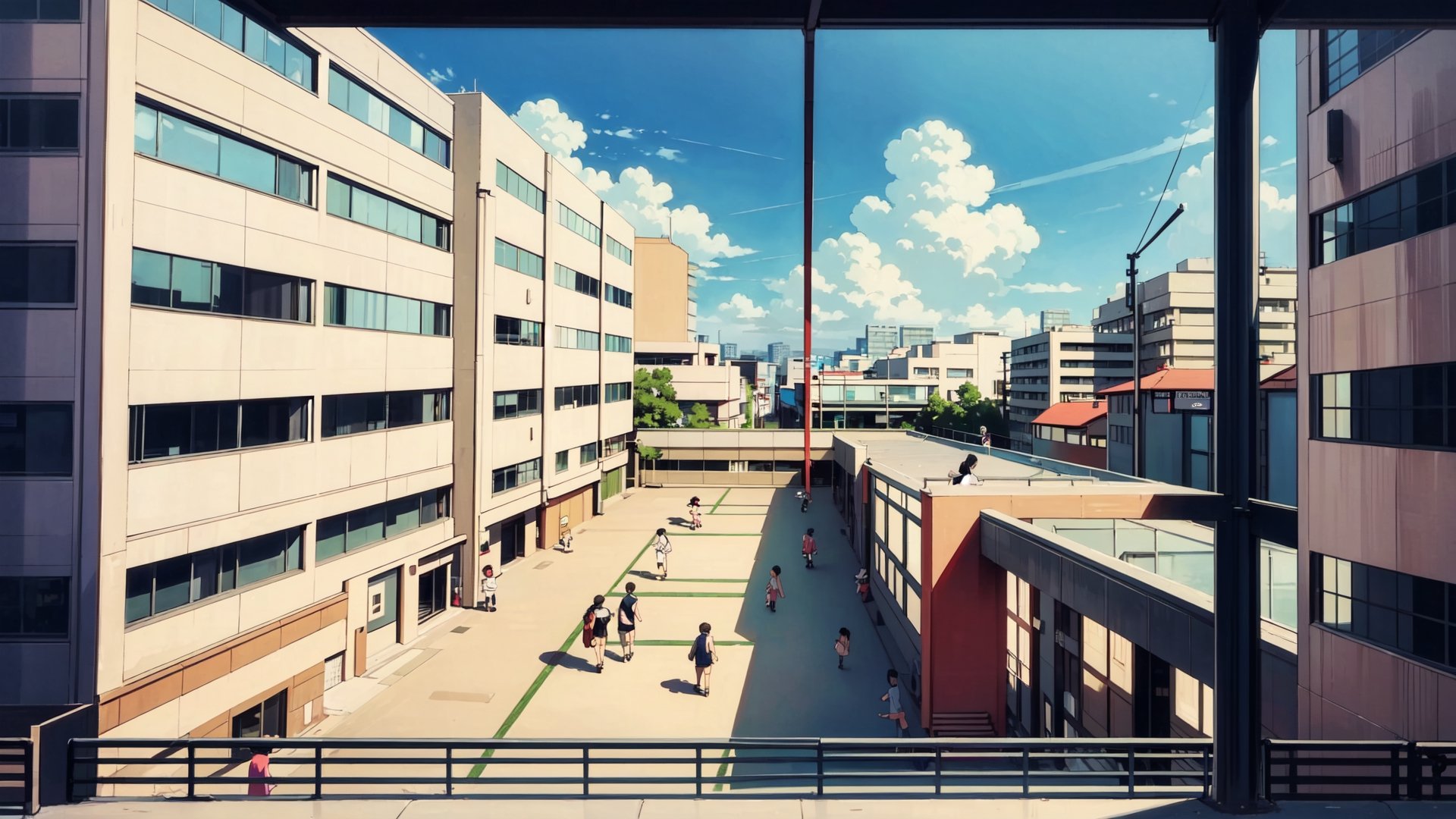 high definition, high quality, masterpiece, panorama, Japan, morning, five-story technical college, high-rise building, playground, cartoon style, future style, head-up perspective,