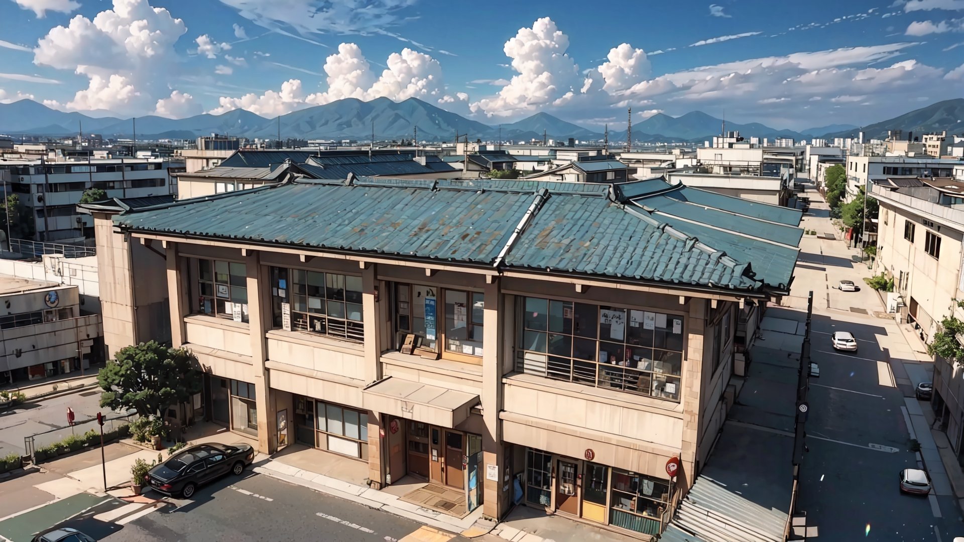 high definition, high quality, masterpiece, panorama, Japan, daytime, a high school, school building, comic book style, Vision, head-up perspective,