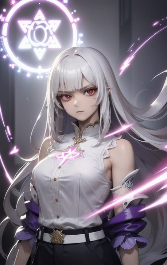 (masterpiece, top quality, best quality, official art, beautiful and aesthetic:1.2), cute angry girl, detailed face, ((red eyes)), medium chest, long white hair,  violet blouse and pants, luminous effects, highest detailed, floating particles, ancient runes, geometric patterns, mana, shadows, epic atmosphere