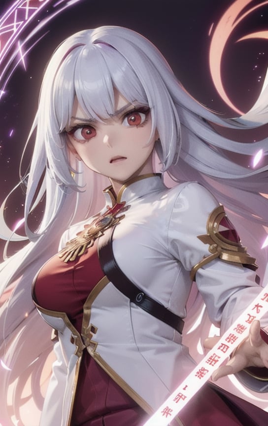 (masterpiece, top quality, best quality, official art, beautiful and aesthetic:1.2), cute angry girl, detailed face, ((red eyes)), medium chest, long white hair,  violet blouse and pants, luminous effects, highest detailed, floating particles, ancient runes, geometric patterns, mana, shadows, epic atmosphere