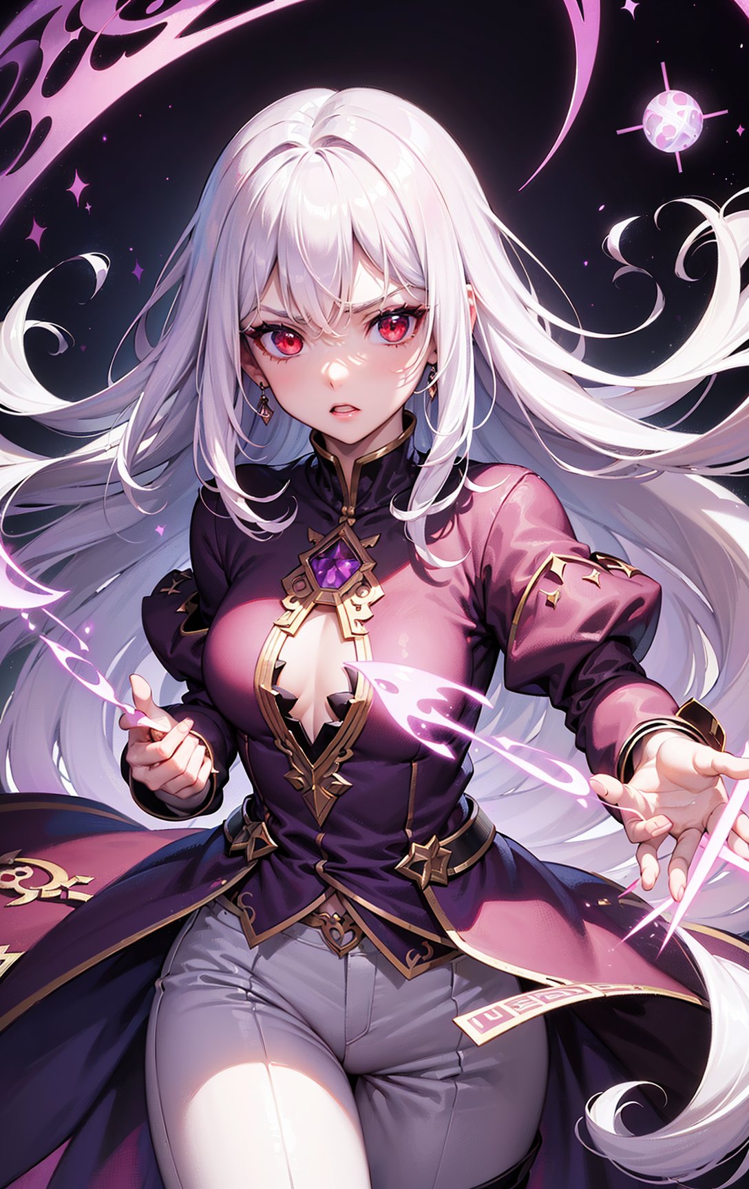 (masterpiece, top quality, best quality, official art, beautiful and aesthetic:1.2), cute angry girl, detailed face, ((red eyes)), medium chest, long white hair,  violet blouse and pants, luminous effects, highest detailed, floating particles, ancient runes, geometric patterns, mana, shadows, epic atmosphere