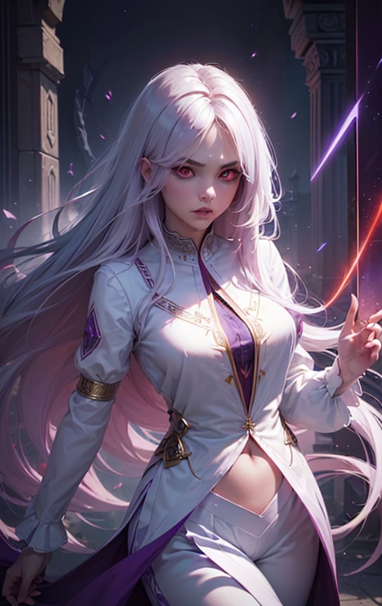 (masterpiece, top quality, best quality, official art, beautiful and aesthetic:1.2), cute angry girl, detailed face, ((red eyes)), medium chest, long white hair,  violet blouse and pants, luminous effects, highest detailed, floating particles, ancient runes, geometric patterns, mana, shadows, epic atmosphere