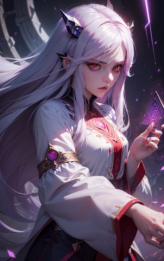 (masterpiece, top quality, best quality, official art, beautiful and aesthetic:1.2), cute angry girl, detailed face, ((red eyes)), medium chest, long white hair,  violet blouse and pants, luminous effects, highest detailed, floating particles, ancient runes, geometric patterns, mana, shadows, epic atmosphere