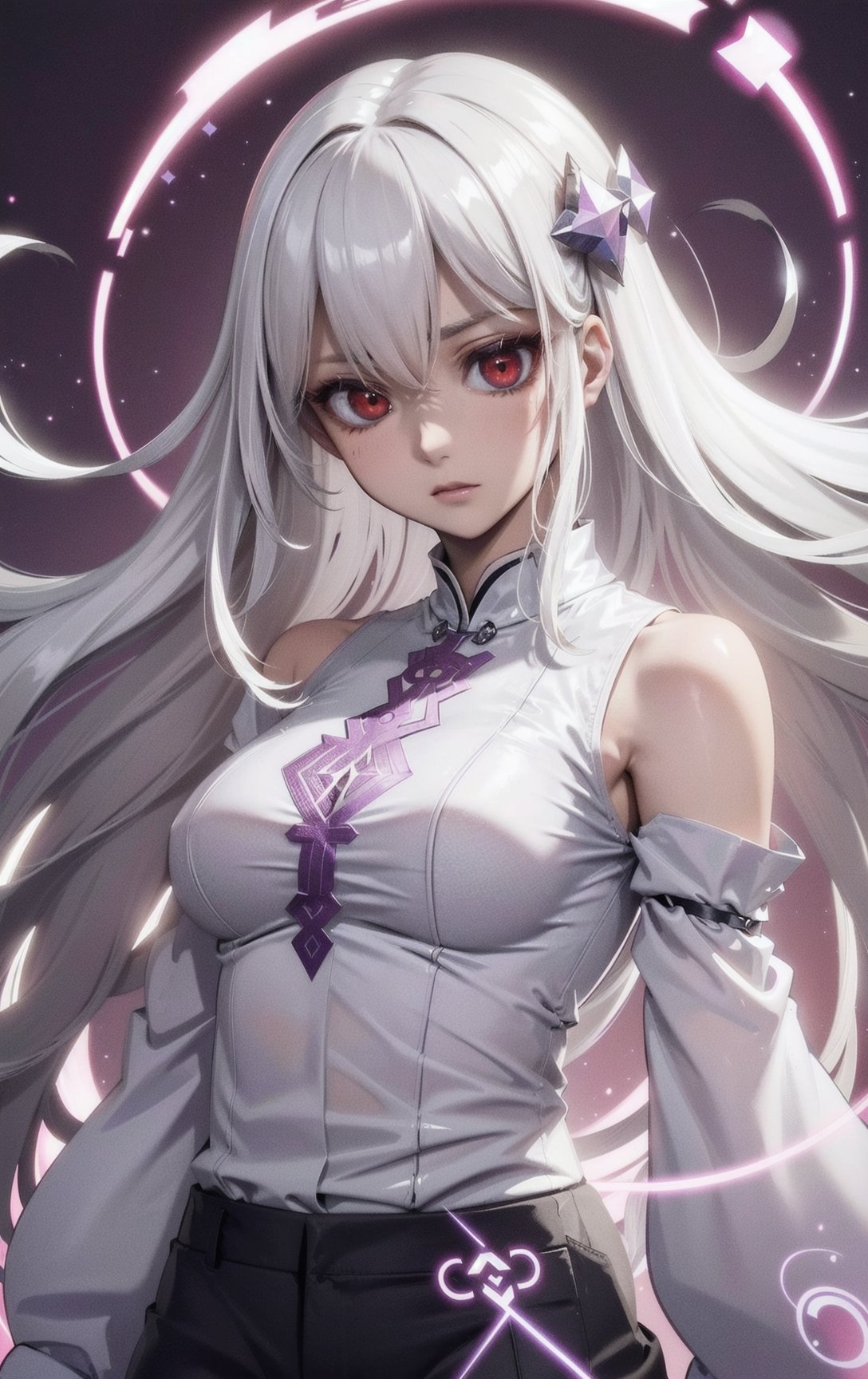 (masterpiece, top quality, best quality, official art, beautiful and aesthetic:1.2), cute angry girl, detailed face, ((red eyes)), medium chest, long white hair,  violet blouse and pants, luminous effects, highest detailed, floating particles, ancient runes, geometric patterns, mana, shadows, epic atmosphere