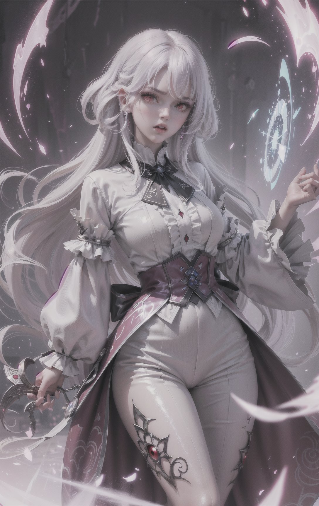 (masterpiece, top quality, best quality, official art, beautiful and aesthetic:1.2), cute angry girl, detailed face, ((red eyes)), medium chest, long white hair,  violet blouse and pants, luminous effects, highest detailed, floating particles, ancient runes, geometric patterns, mana, shadows, epic atmosphere