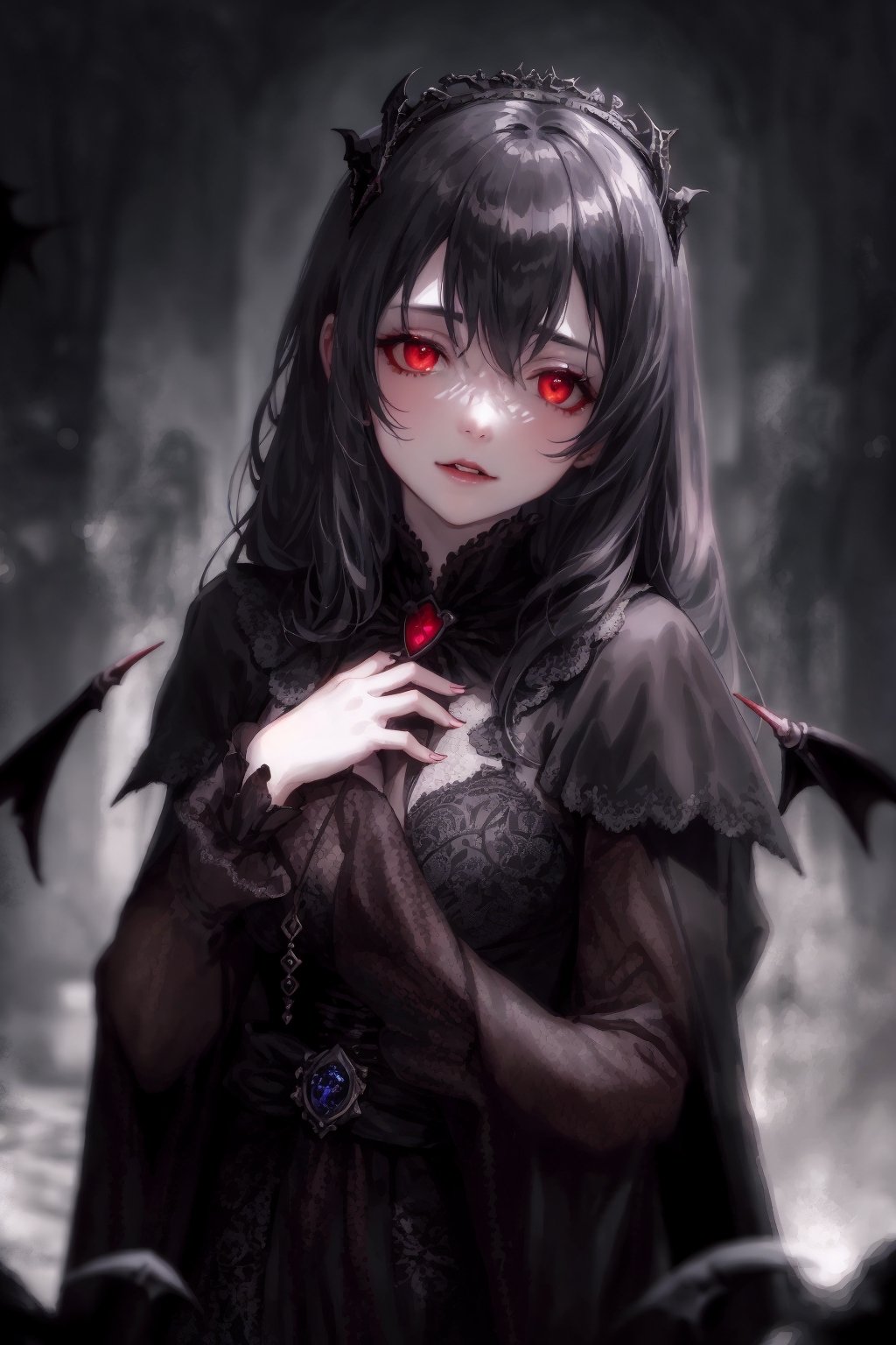 Vampire Queen, backlit, intricate details, highly detailed, slate atmosphere, cinematic, dimmed colors, dark shot, muted colors, film grain, lut, spooky, depth blur, blurry background dof, bokeh, realistic, realistic skin,ojou-sama pose