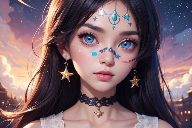 a close up of a woman with stars on her face, stars in her gazing eyes, anime vibes, stars in her eyes, dreamy illustration, procreate illustration, ✨🕌🌙, trending on artstration, ☁🌪🌙👩🏾, dreamy aesthetic, inspired by loish, stars are hidden in the eyes, starry eyes, loish art style, soft anime illustration