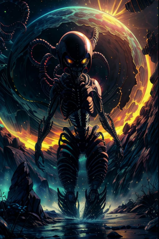 A breathtaking 8K AI-generated image reveals a stunning alien landscape In this breathtaking ultra UHD picture, immerse yourself in an otherworldly realm where an awe-inspiring Xenomorph alien takes center stage. Against the backdrop of an alienated landscape, the creature stands tall and imposing, its sleek black exoskeleton glistening with an otherworldly sheen.

The Xenomorph's elongated head, adorned with intricate biomechanical details, gazes out into the horizon with haunting phosphorescent yellow eyes, hinting at the depths of its extraterrestrial intelligence.

Surrounded by the surreal beauty of the alien landscape, you'll witness a kaleidoscope of vibrant planets, each displaying distinct colors and patterns in the distant sky. The planets seem to dance in harmony, forming a cosmic ballet that adds to the ethereal atmosphere of the scene.

The landscape itself is a mesmerizing tapestry of unique and bizarre elements, with towering rock formations taking on extraordinary shapes and bioluminescent flora illuminating the alien terrain with an otherworldly glow.

As the Xenomorph stands as a formidable guardian of this enigmatic realm, the contrast between its nightmarish appearance and the exquisite beauty of the alienated landscape creates an intriguing juxtaposition that beckons viewers to explore the depths of this extraordinary universe.

This ultra UHD picture invites you to lose yourself in the stunning details and immerse yourself in the mysterious allure of the unknown, where the Xenomorph's eerie presence stands as a testament to the boundless creativity of the cosmos.,Betty