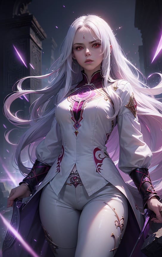 (masterpiece, top quality, best quality, official art, beautiful and aesthetic:1.2), cute angry girl, detailed face, ((red eyes)), medium chest, long white hair,  violet blouse and pants, luminous effects, highest detailed, floating particles, ancient runes, geometric patterns, mana, shadows, epic atmosphere