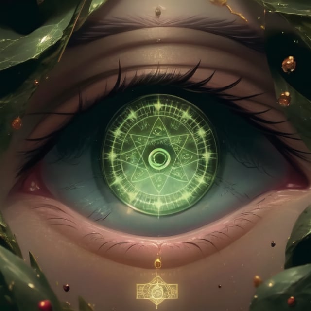 loli, sight_in_the_eyes, close_face, green_eyes, saki, magic_circles, green_hair, wizards, sight looking, magic_circle_inside_the_eye, perfect_eyes,full yet simplified body 