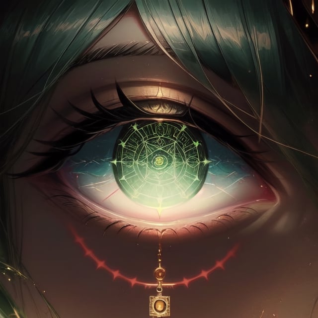 loli, sight_in_the_eyes, close_face, green_eyes, saki, magic_circles, green_hair, wizards, sight looking, magic_circle_inside_the_eye, perfect_eyes,full yet simplified body 