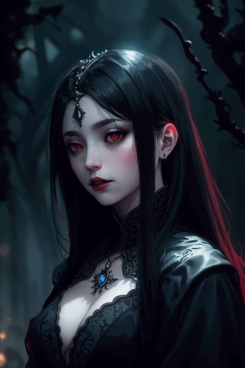 Vampire Queen, backlit, intricate details, highly detailed, slate atmosphere, cinematic, dimmed colors, dark shot, muted colors, film grain, lut, spooky, depth blur, blurry background dof, bokeh, realistic, realistic skin,ojou-sama pose