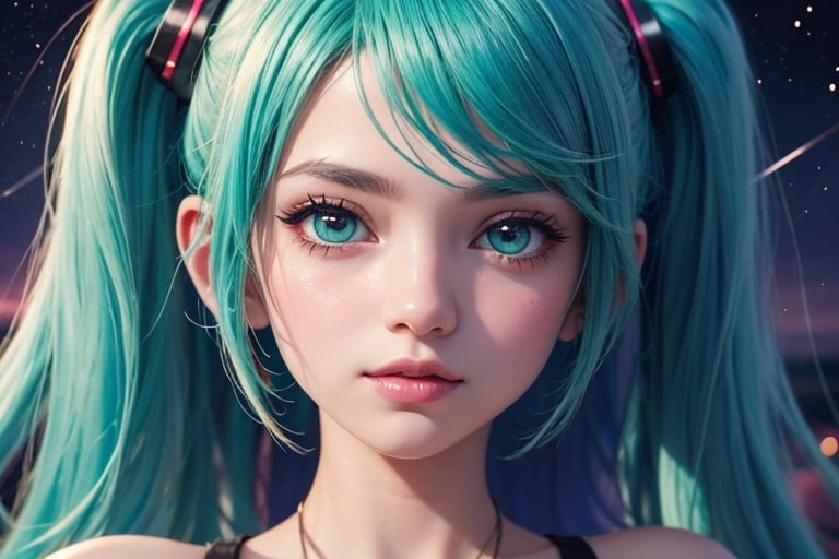 Hatsune Miku but its Cyberpunk, a close up of a woman with stars on her face, stars in her gazing eyes, anime vibes, stars in her eyes, dreamy illustration, procreate illustration, ✨🕌🌙, trending on artstration, ☁🌪🌙👩🏾, dreamy aesthetic, inspired by loish, stars are hidden in the eyes, starry eyes, loish art style, soft anime illustration