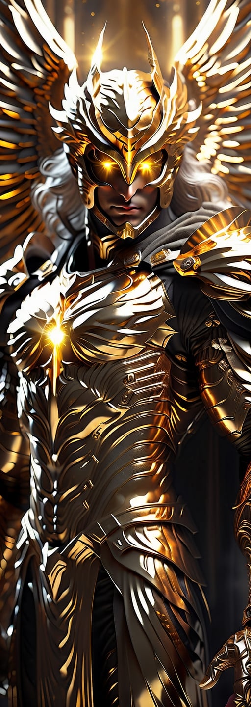 golden wings, archangel, holy, heaven background, shiny light, masculine, humanoid, gold armor, mysterious, face covered, masked helmet, yellow glowing eyes, full body.