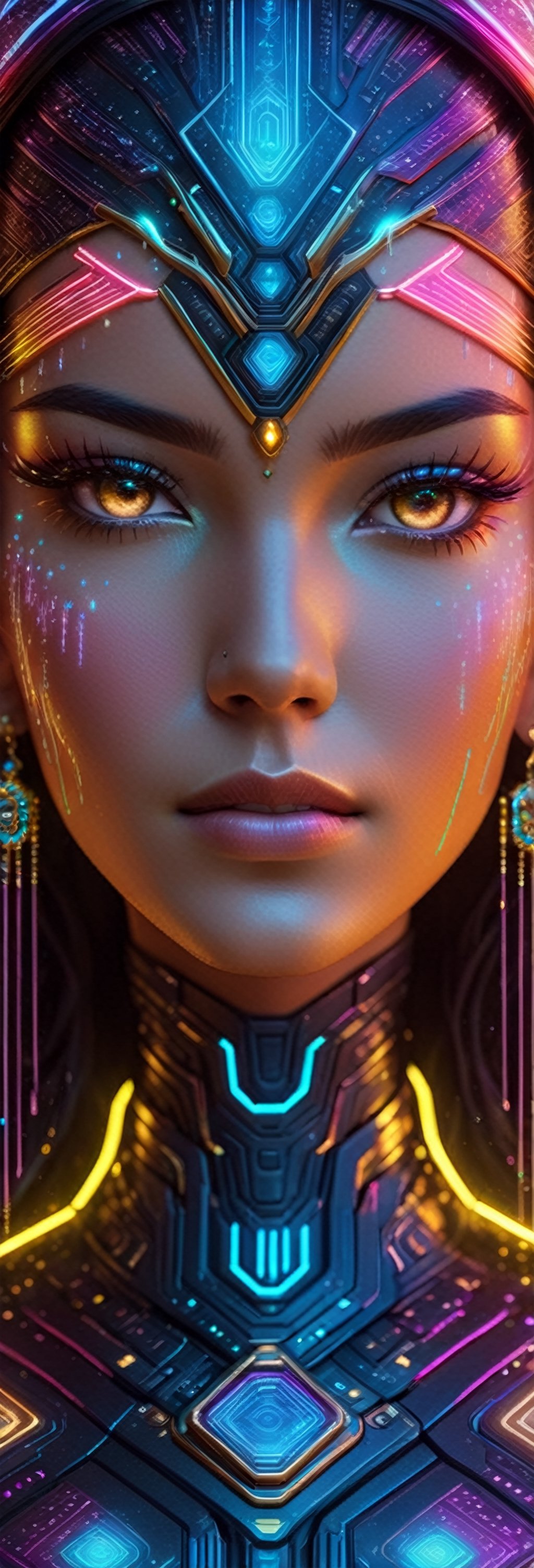 Macro photo showcasing a close-up of a futuristic, humanoid figure's face, adorned with intricate jewelry and electronic interfaces. Her gaze is intense, and her skin glows with a mix of natural and neon hues. The detailed view reveals cascading digital rain and illuminated lines, enhancing the cybernetic ambiance. in wide ratio