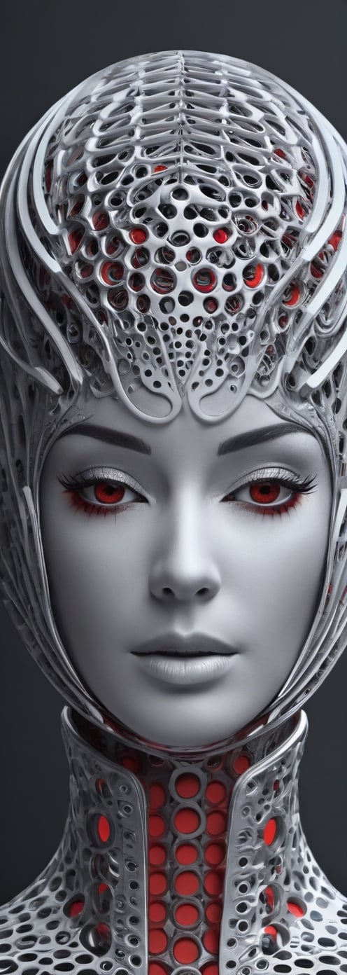 a woman wears and wears black dots on her head, in the style of futuristic fantasy, 3d, metallic sculpture, elegant, emotive faces, dark white and red and light silver, algorithmic artistry, high resolution