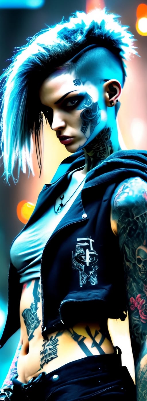 Beautiful cyberpunk female with tattoos, apocalyptic, swords, guns, fire, anatomical, dark, gothic, mech, angel wings, battle backgrounds