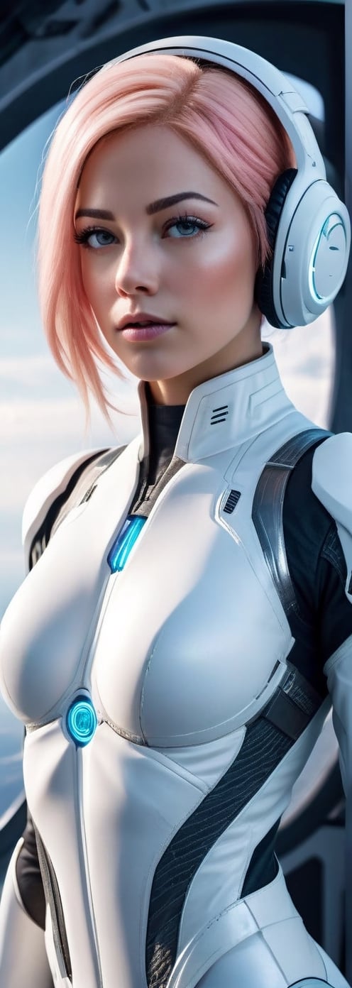 I'm requesting a high-quality, centered professional photograph featuring a young woman with pastel pink hair gradually fading to peach, dressed in a white mecha pilot suit, standing in front of a sleek white futuristic spaceship. The scene should be set against the backdrop of a deep blue sky punctuated by large white clouds on the edges. The style should recall the works of Ilya Kuvshinov and be placed in a nanopunk universe. Her hair should form a striking contrast with her white pilot suit, the pink and peach hues appearing even more vibrant. The suit, with its sharp cuts, intricate detailing, and glossy white finish, should exude a futuristic and high-tech aesthetic, quintessential for a nanopunk theme. The spaceship in the backdrop should be grand, sleek, and modern, reflecting advanced technology. The white color of the spaceship should interact beautifully with the sunlight, creating an array of glistening light and shadow across the spaceship's surface. The sky forms the canvas for this scene, its deep blue hue serving as the perfect contrast to the white elements in the frame. Large white clouds should billow at the edges, lending a touch of realism to this futuristic setup. Her face should be the focal point of the image, perfectly lit, and meticulously detailed, encapsulating the essence of her character. Her gaze should be directed towards the horizon, embodying a determined, almost dreamy expression, reflecting her affinity for her piloting pursuits. The lighting should be balanced and realistic, illuminating her face, the pilot suit, and the spaceship in a manner that accentuates their details and enhances the overall visual narrative. The prompt thus describes a richly detailed portrait of a young woman and her high-tech world, epitomizing her courage and ambition in a captivating nanopunk setting.