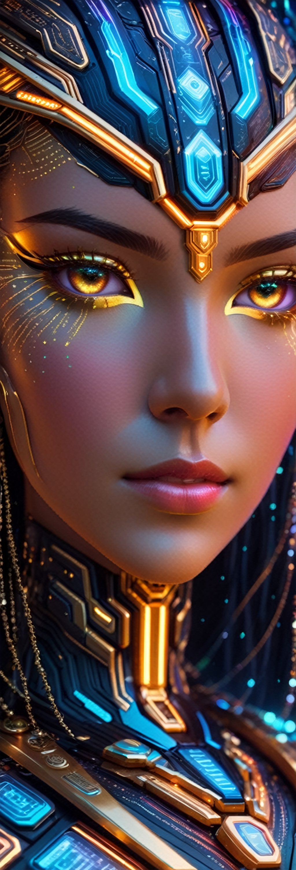 Macro photo showcasing a close-up of a futuristic, humanoid figure's face, adorned with intricate jewelry and electronic interfaces. Her gaze is intense, and her skin glows with a mix of natural and neon hues. The detailed view reveals cascading digital rain and illuminated lines, enhancing the cybernetic ambiance. in wide ratio