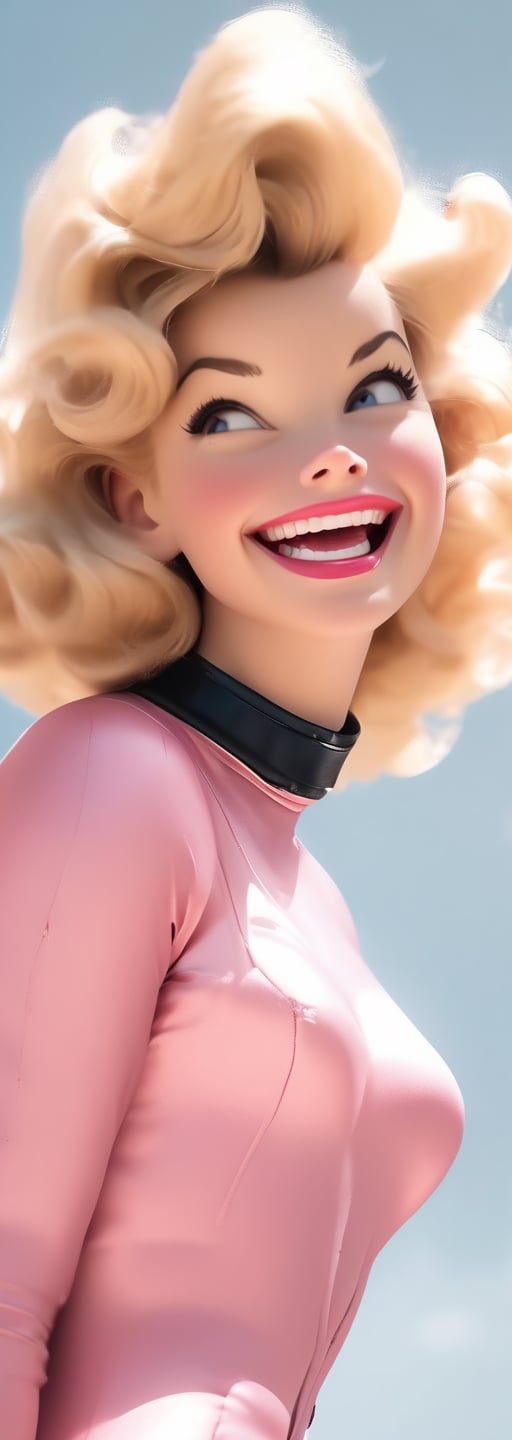 50's blonde wearing a retro pink space suit, on neptune