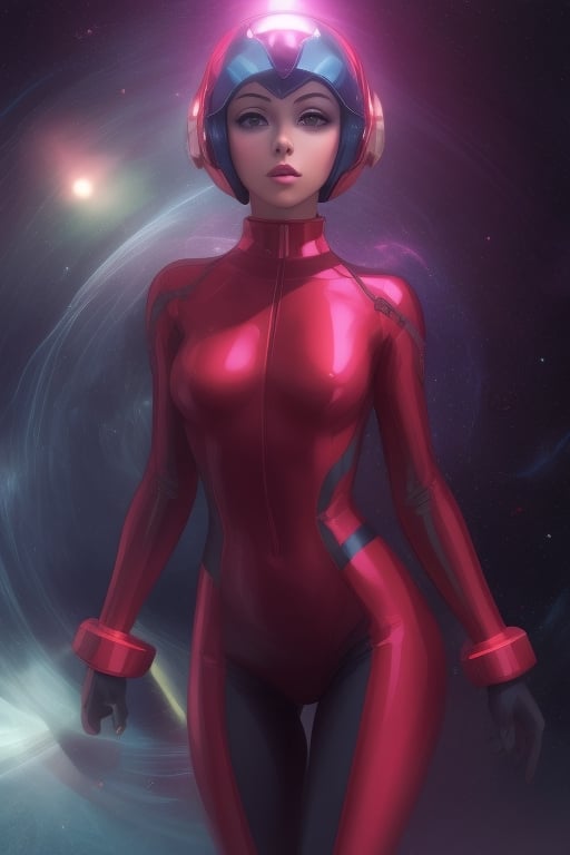 1 girl, fiery red jacket, tight suit,Space helm of the 1960s,and the anime series G Force of the 1980s,Darf Punk wlop glossy skin, ultrarealistic sweet girl, space helm 60s, holographic, holographic texture, the style of wlop, space, stands on a pedestal 